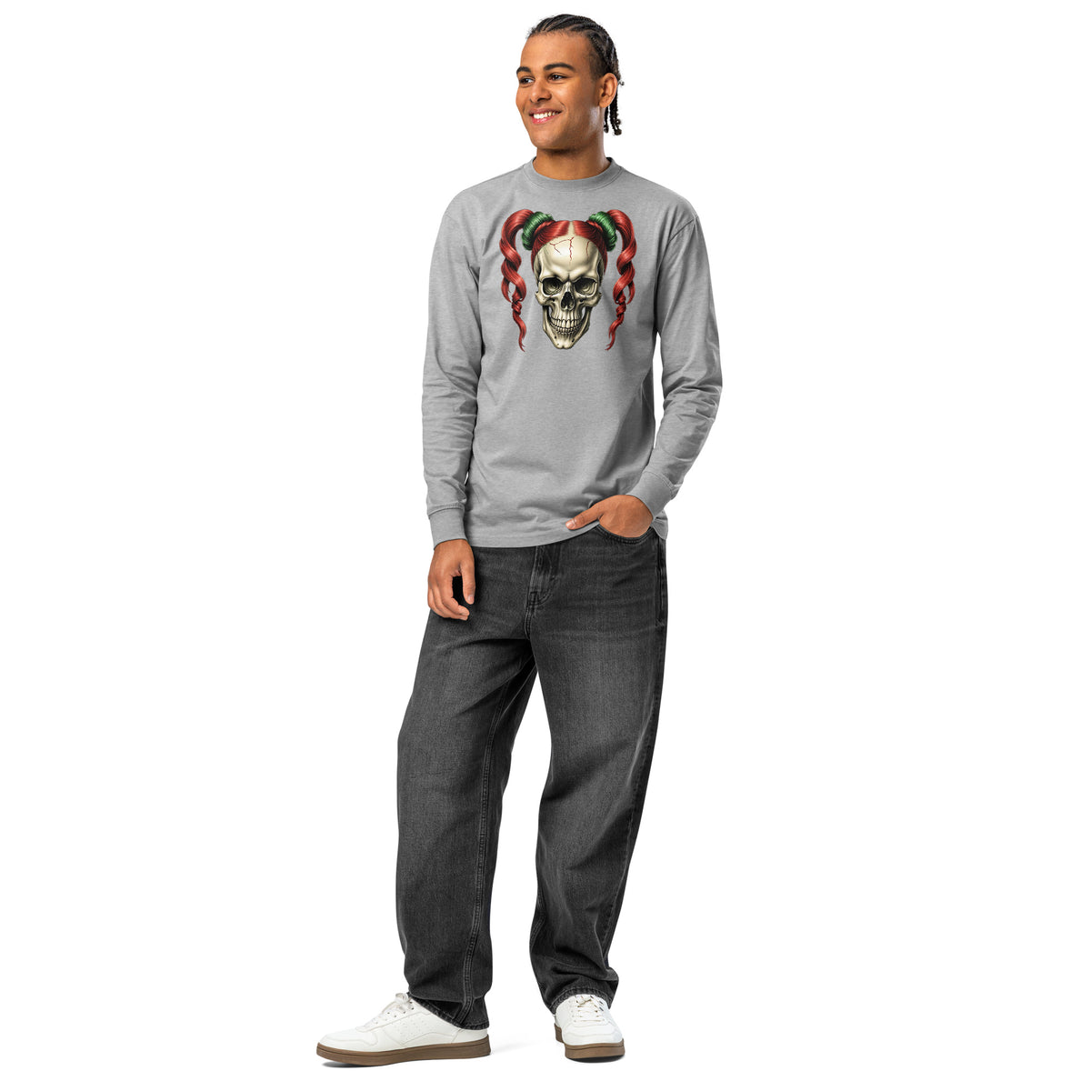 Ponytails Skull heavyweight long sleeve t-shirt — Carbon Grey — front