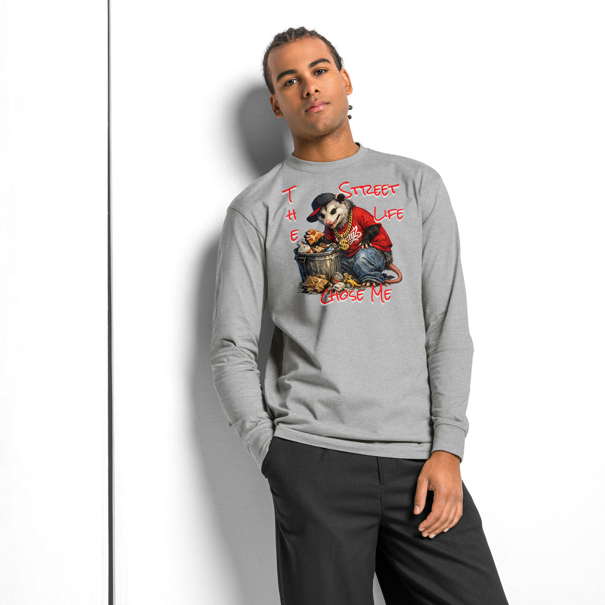 NY Possum Life heavyweight long sleeve t-shirt — Carbon Grey — Men's Lifestyle model, front