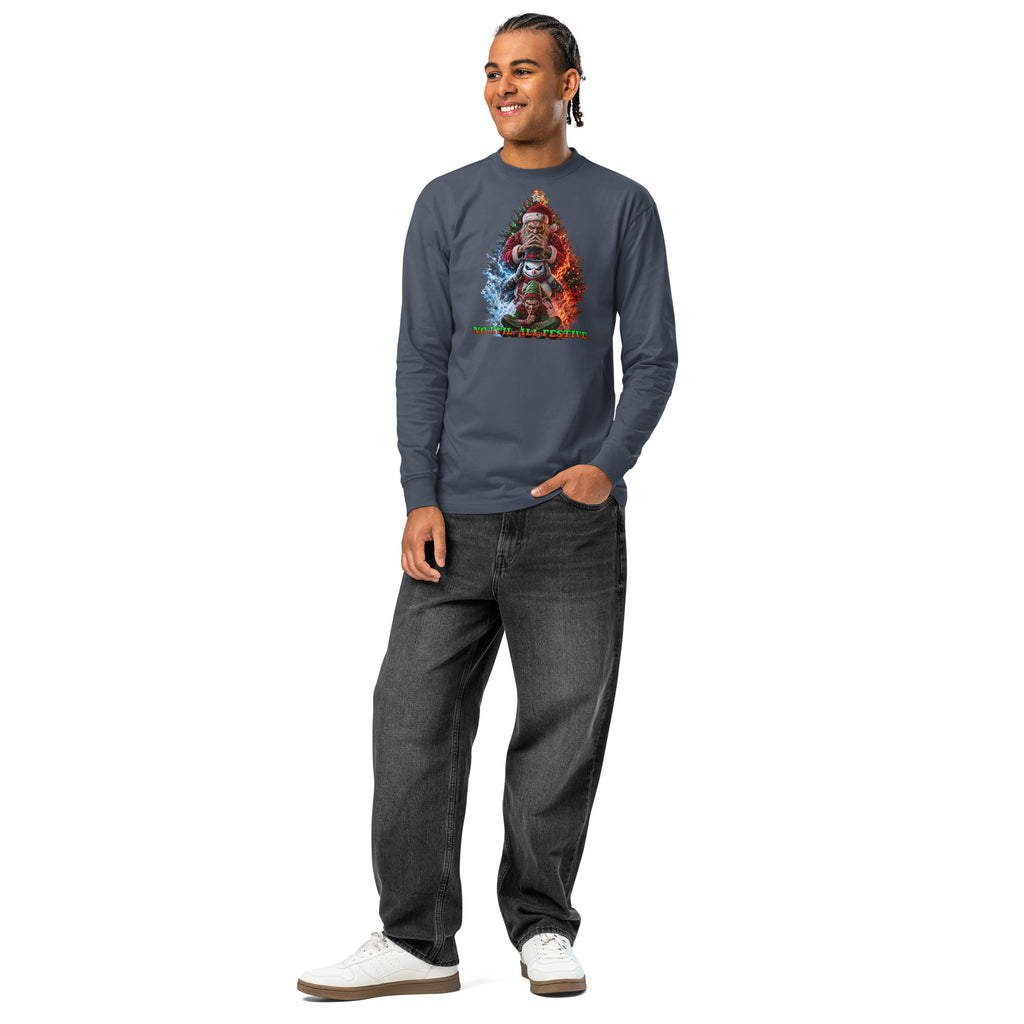 No Evil Xmas heavyweight long sleeve t-shirt — Harbor Blue — front
