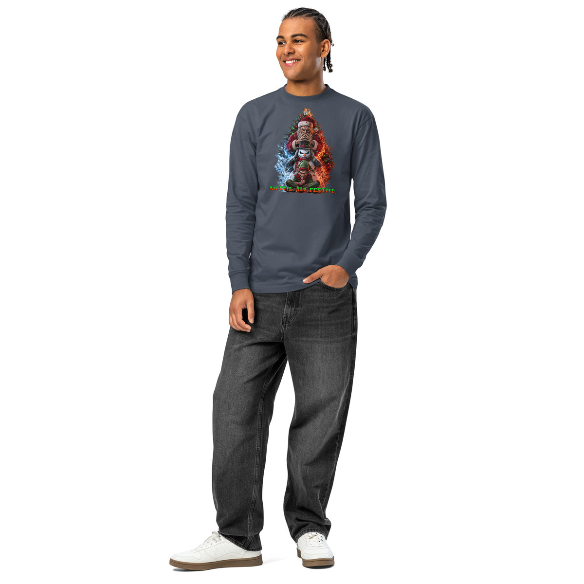 No Evil Xmas heavyweight long sleeve t-shirt — Harbor Blue — front