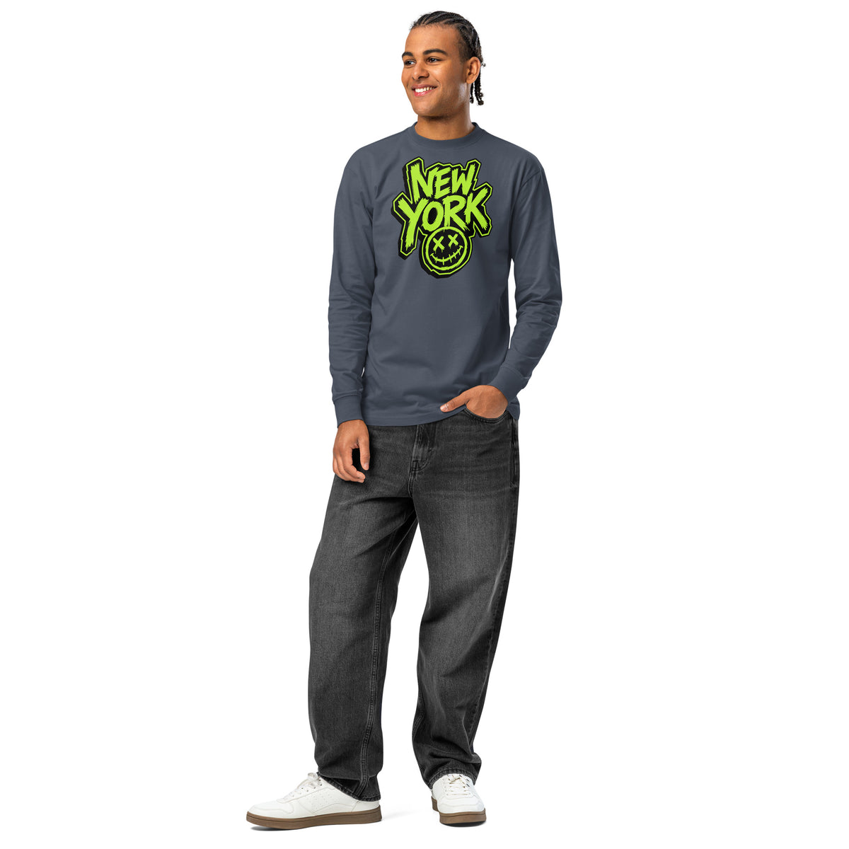 NY Smiles heavyweight long sleeve t-shirt — Harbor Blue — front