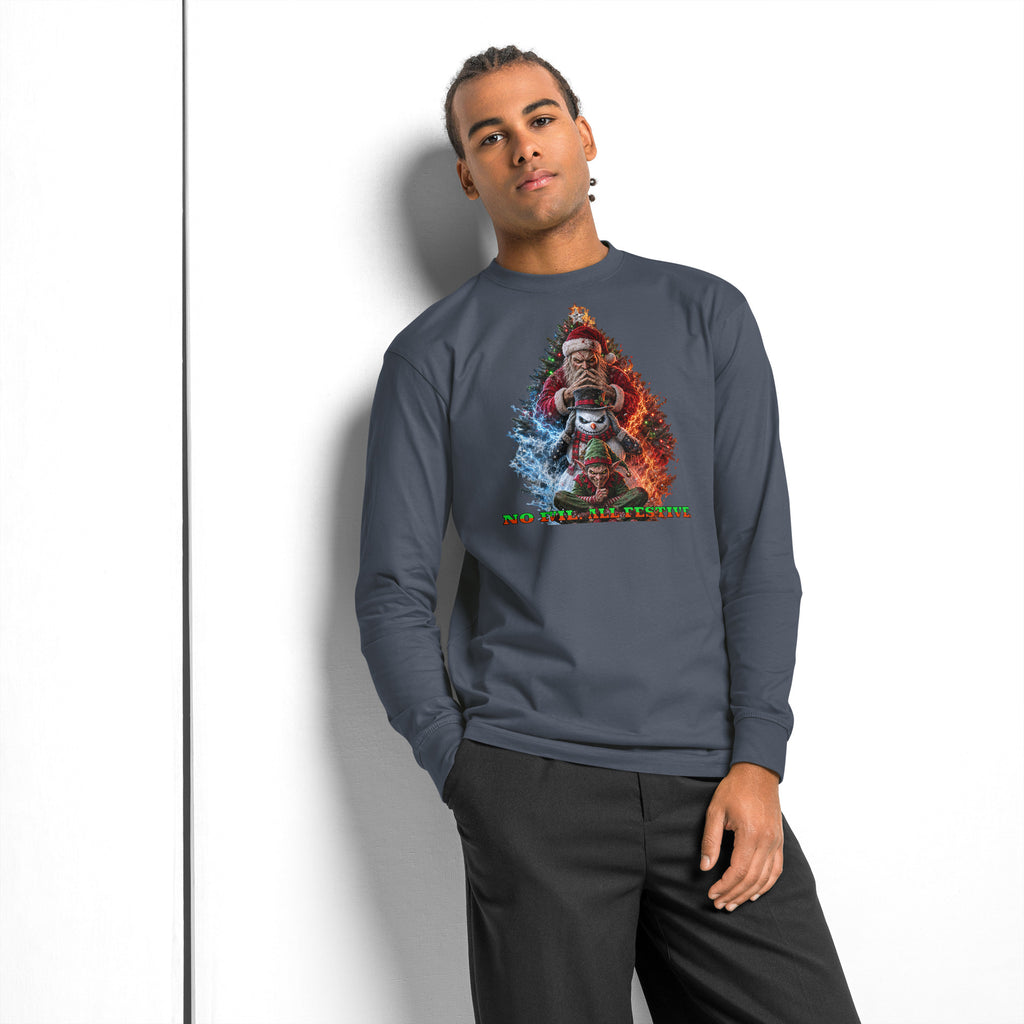 No Evil Xmas heavyweight long sleeve t-shirt — Harbor Blue — Men's Lifestyle model, front
