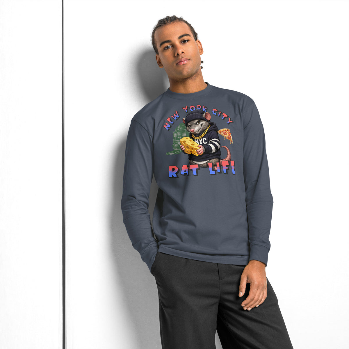 NYC Rat Life heavyweight long sleeve t-shirt — Harbor Blue — Men's Lifestyle model, front