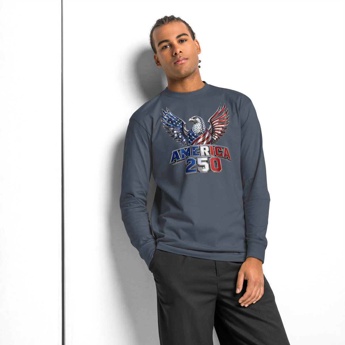 American 250 heavyweight long sleeve t-shirt — Harbor Blue — front