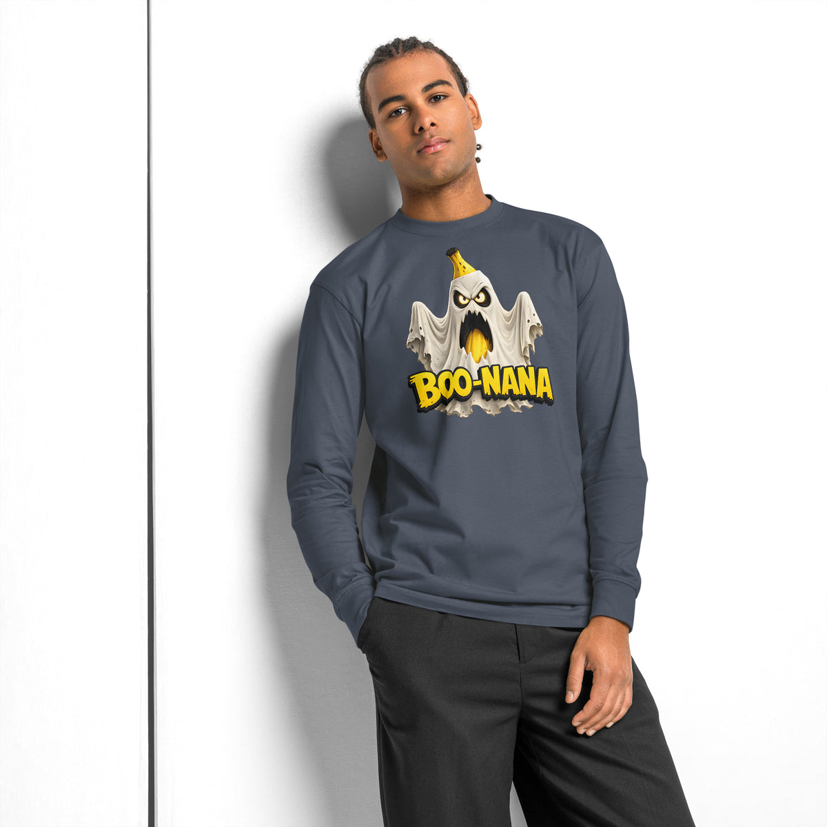 Boo Nana heavyweight long sleeve t-shirt — Harbor Blue — front