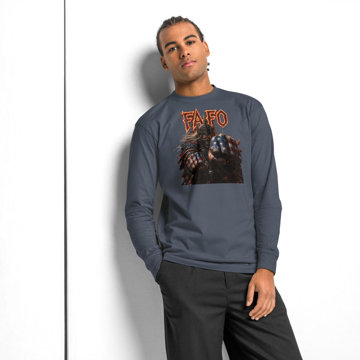Dark FAFO heavyweight long sleeve t-shirt — Harbor Blue — front