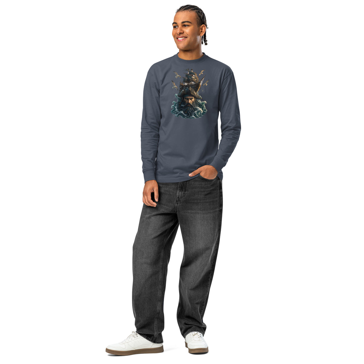 Dead Waters heavyweight long sleeve t-shirt — Harbor Blue — front