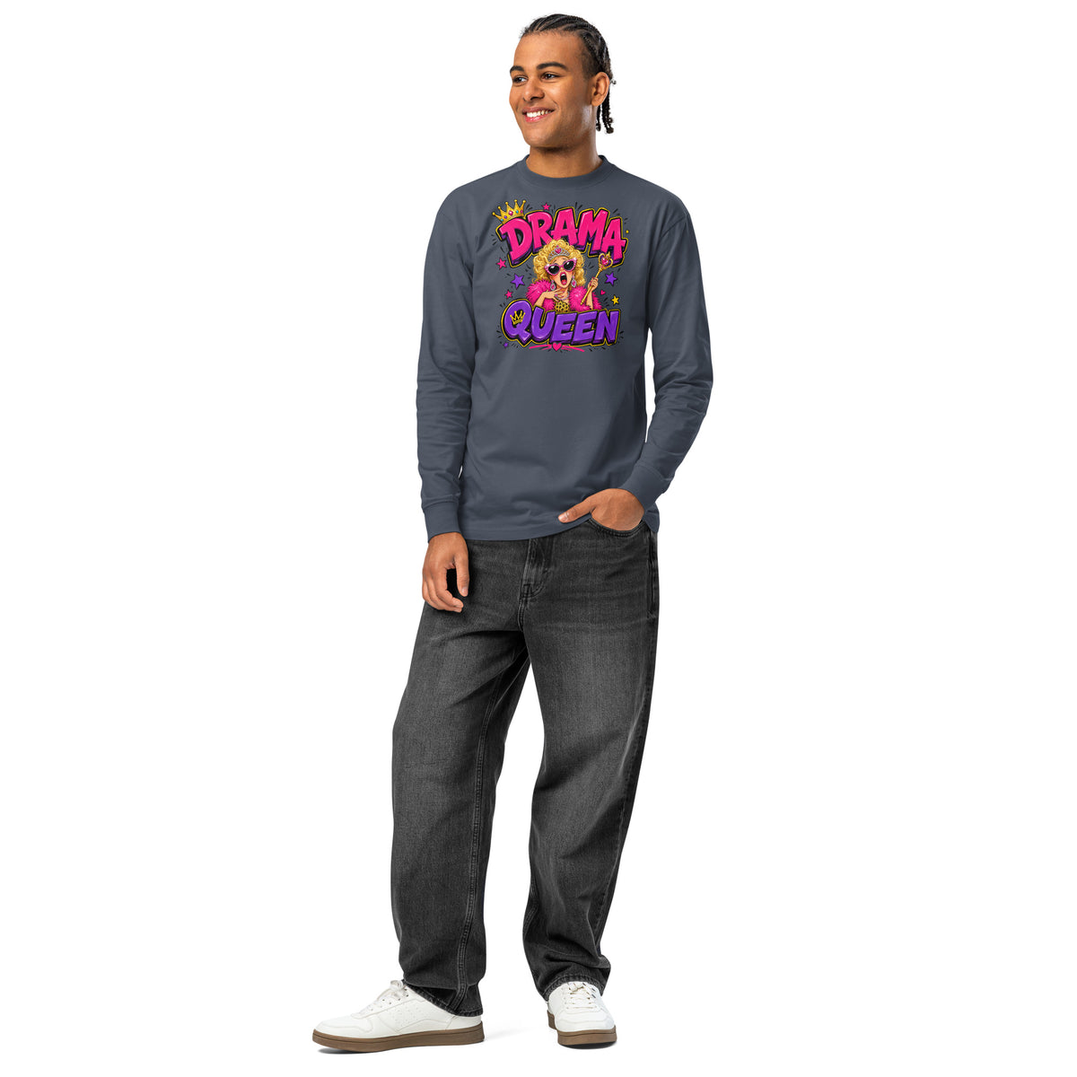 Drama Queen heavyweight long sleeve t-shirt — Harbor Blue — front