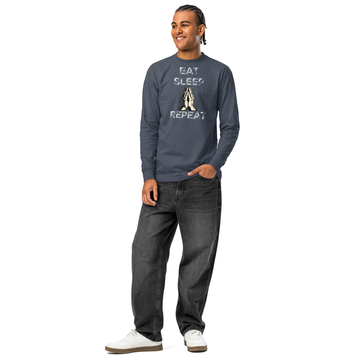Eat sleep pray heavyweight long sleeve t-shirt — Harbor Blue — front