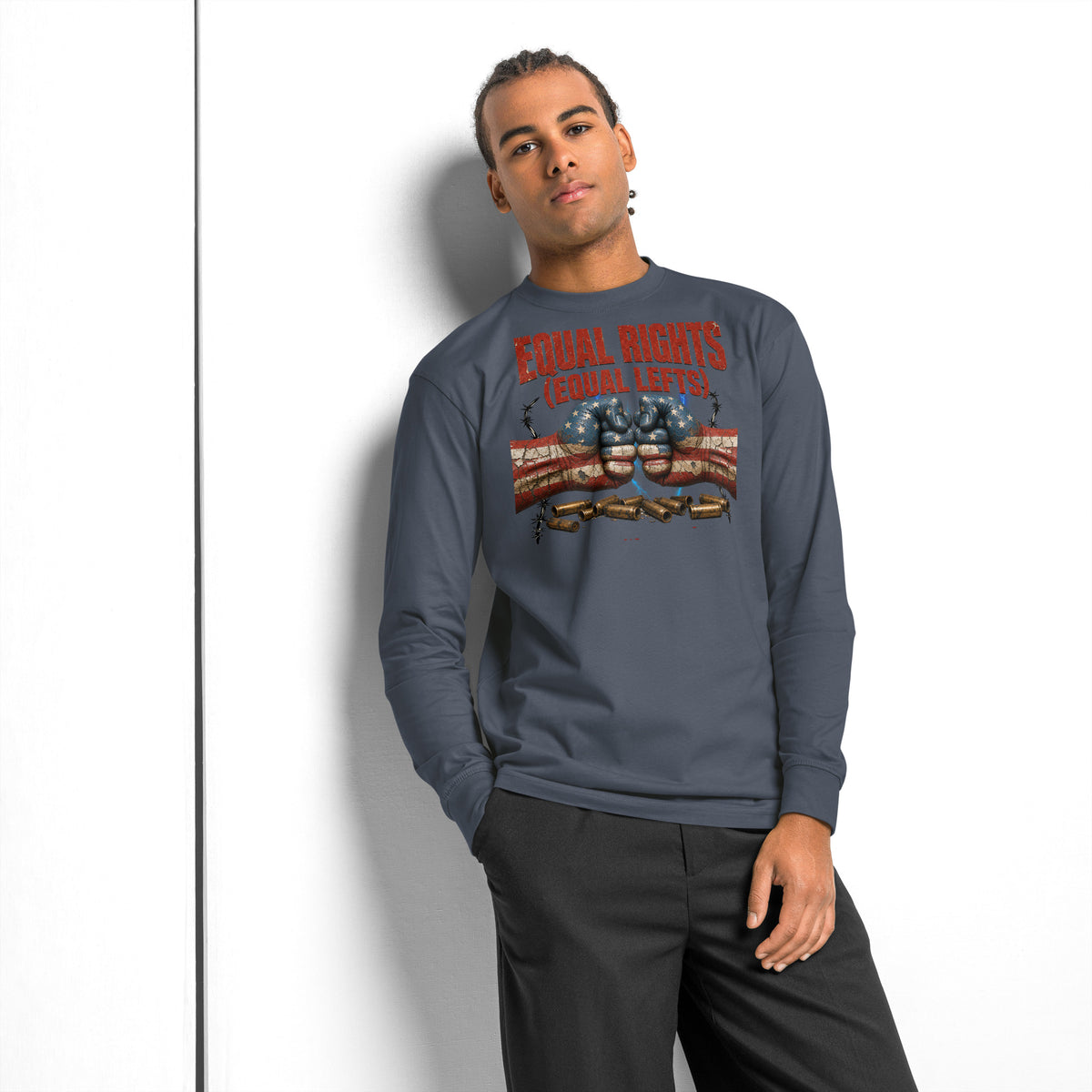 Equal Rights Equal Lefts heavyweight long sleeve t-shirt — Harbor Blue — front