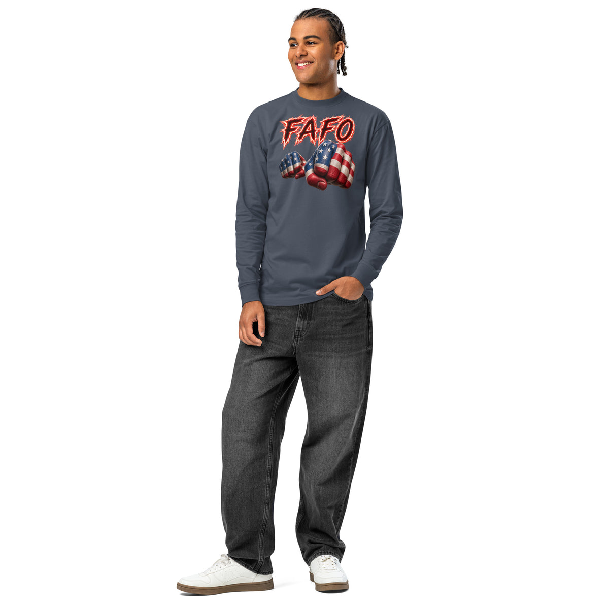 FAFO Fist heavyweight long sleeve t-shirt — Harbor Blue — front