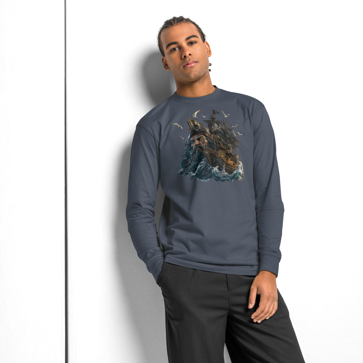 Ghost Ship heavyweight long sleeve t-shirt — Harbor Blue — front