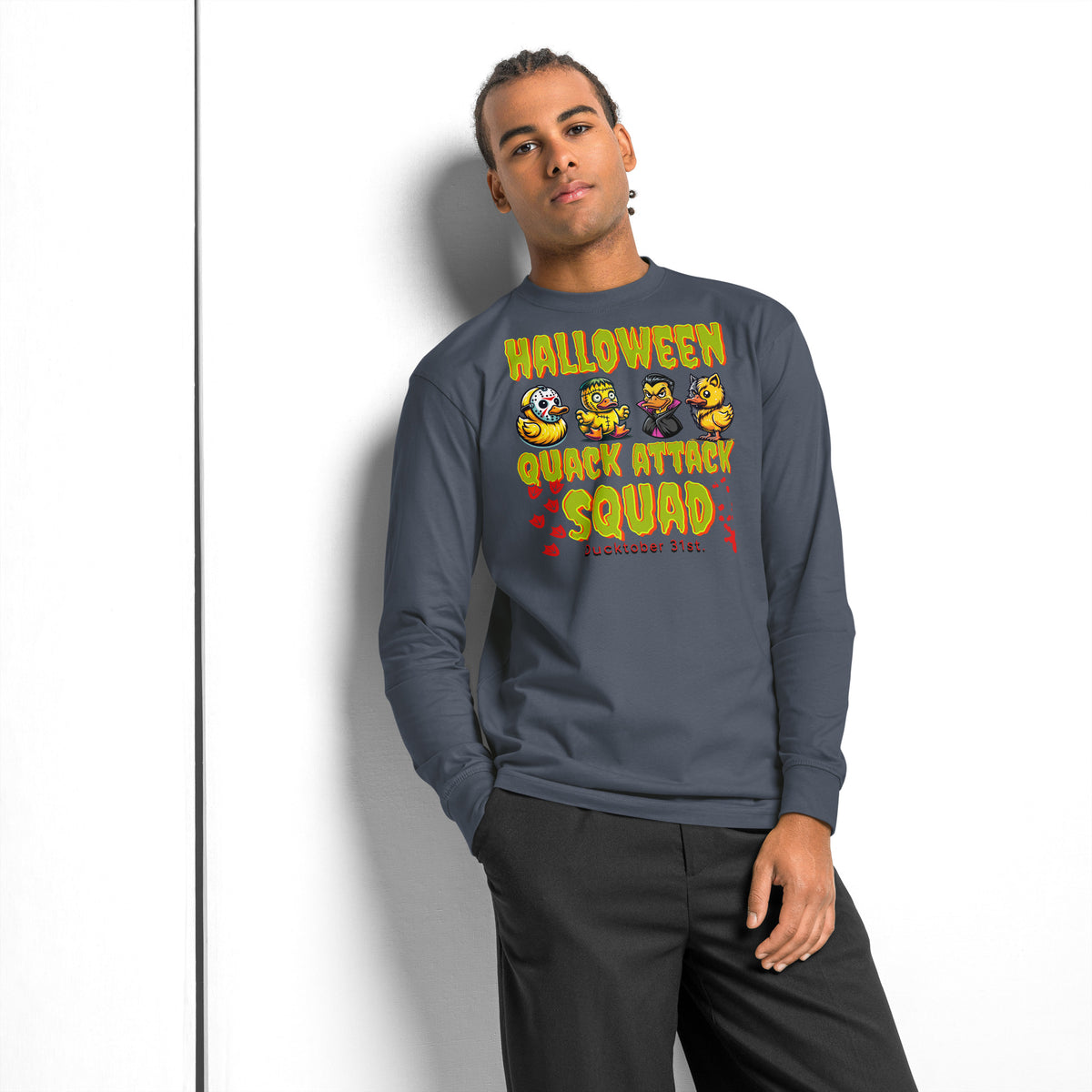 Halloween Quack Attack heavyweight long sleeve t-shirt — Harbor Blue — front