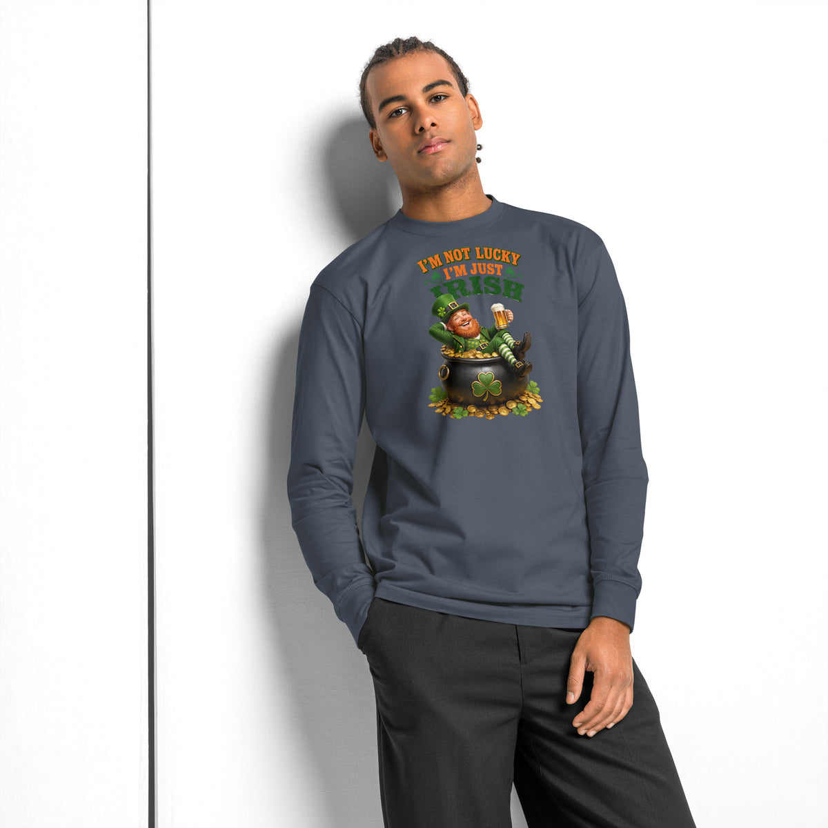I’m Just Irish heavyweight long sleeve t-shirt — Harbor Blue — front