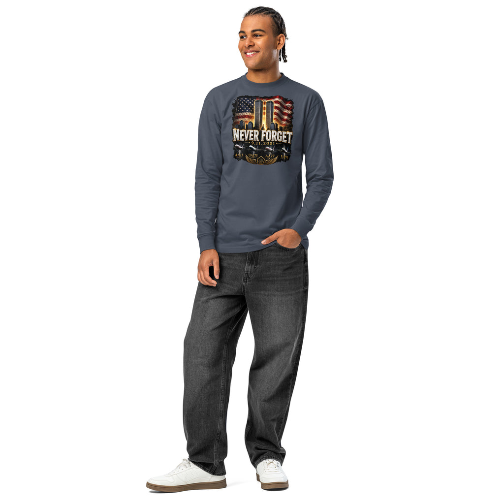 Never Forget 9/11 — Twin Towers heavyweight long sleeve t-shirt — Harbor Blue — front