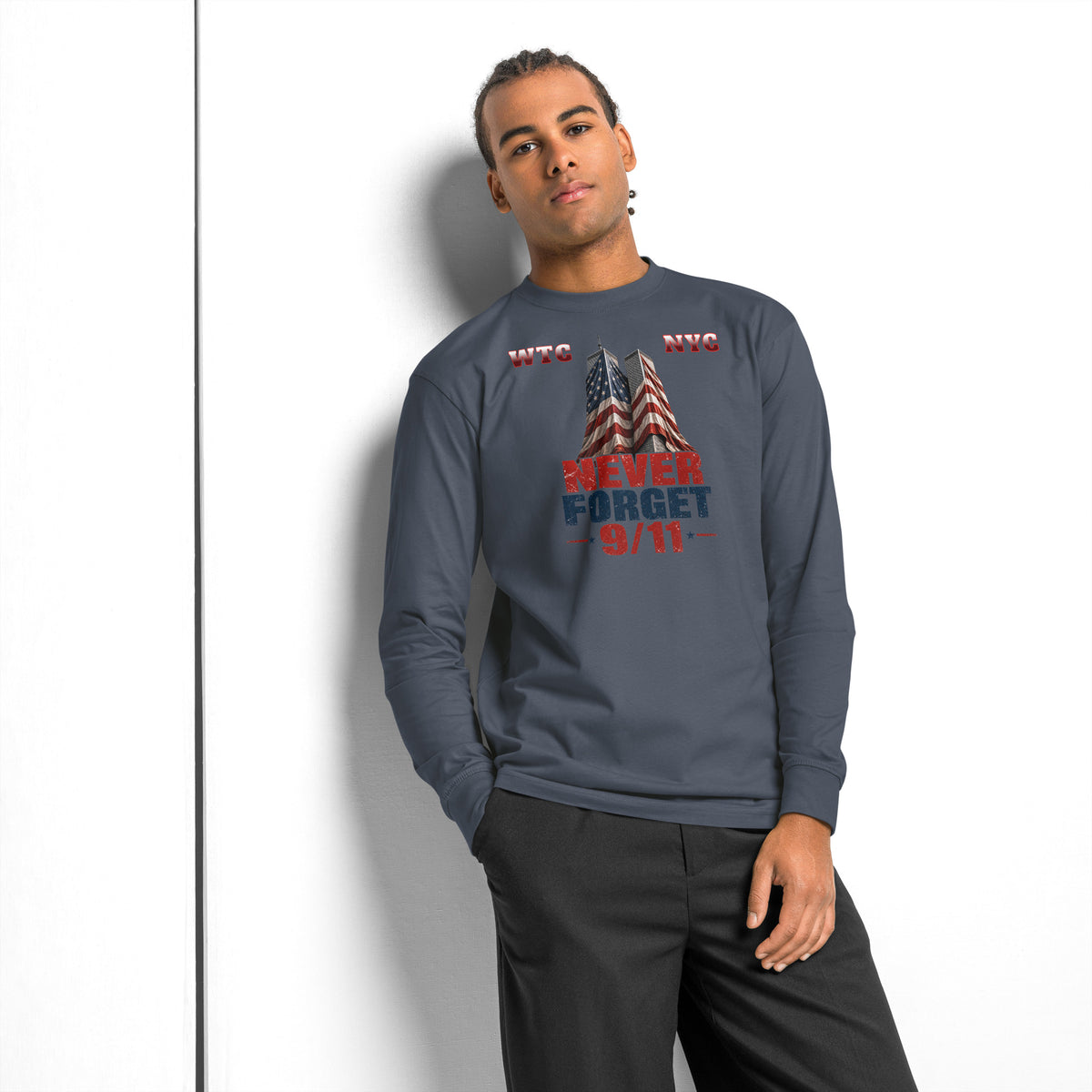 Never Forget 9/11 — WTC NYC heavyweight long sleeve t-shirt — Harbor Blue — front