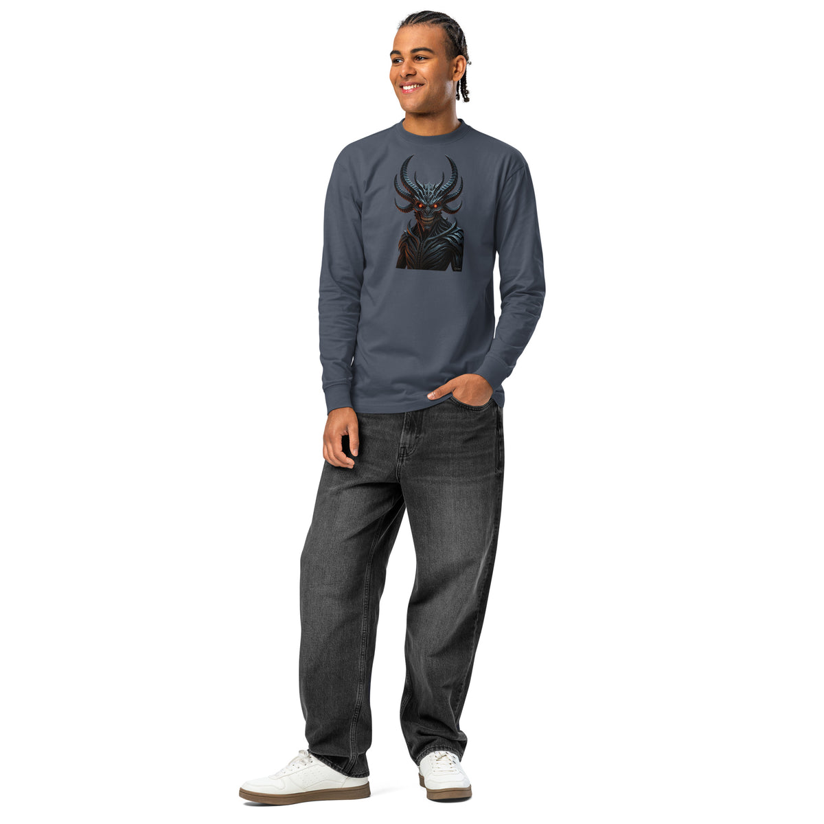Nightmare King heavyweight long sleeve t-shirt — Harbor Blue — front