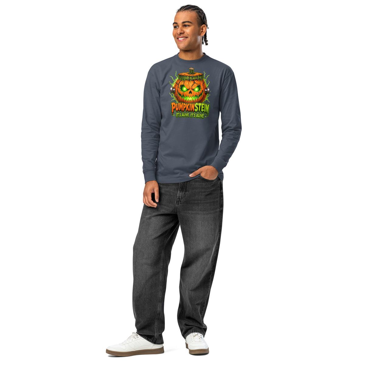 Pumpkinstein heavyweight long sleeve t-shirt — Harbor Blue — front