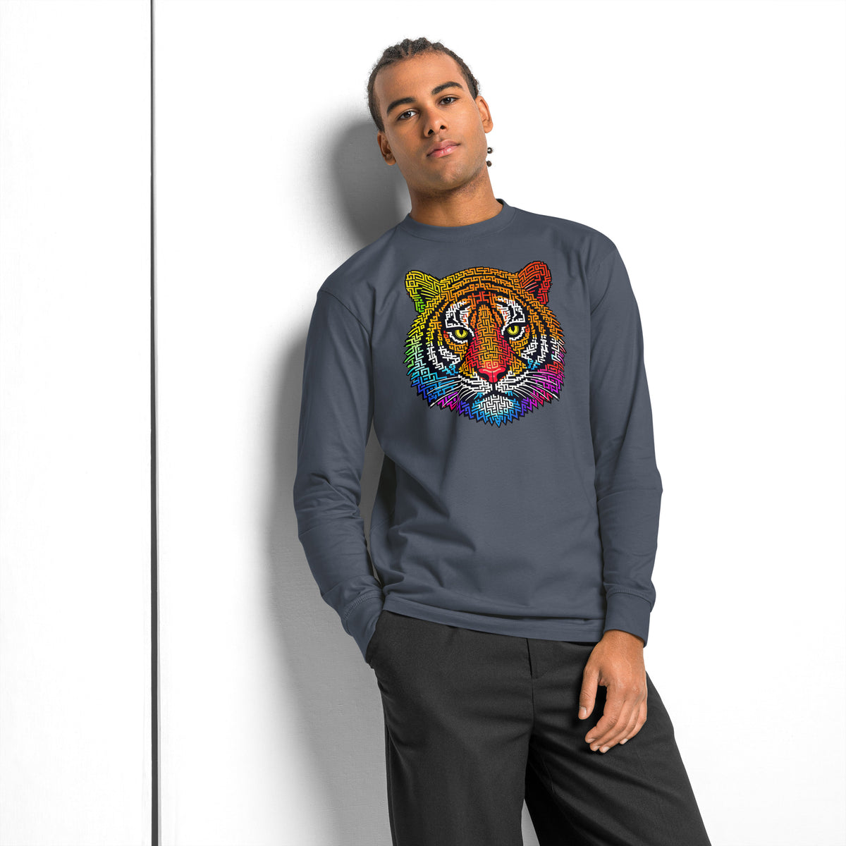 Rainbow Tiger Face Maze heavyweight long sleeve t-shirt — Harbor Blue — front