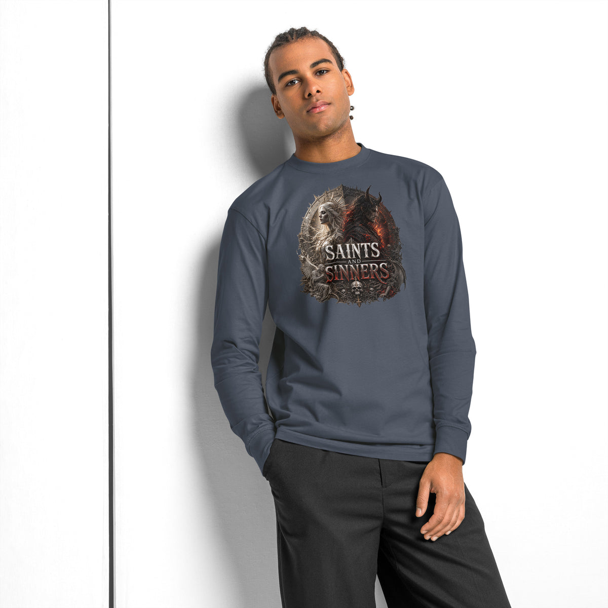 Saints and Sinners — Angel and Demon heavyweight long sleeve t-shirt — Harbor Blue — front