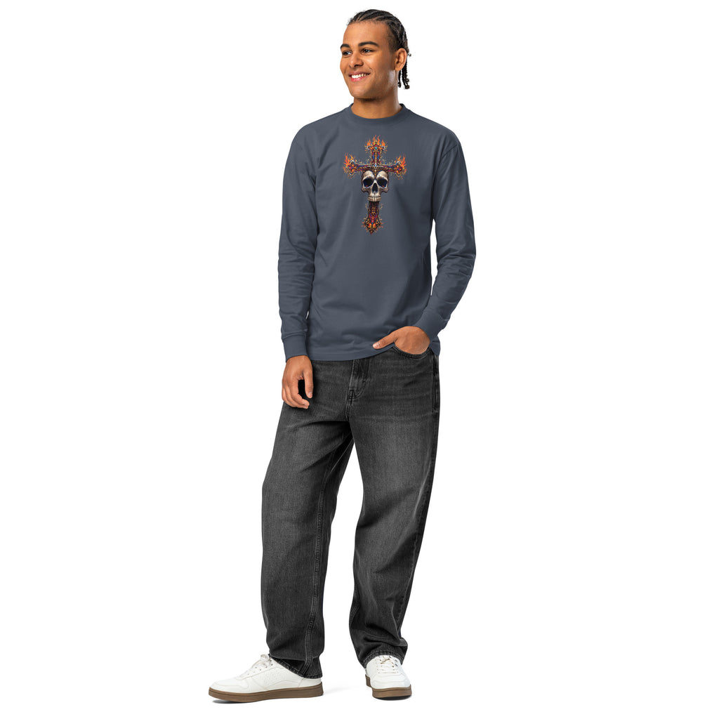 Skull and flaming cross heavyweight long sleeve t-shirt — Harbor Blue — front