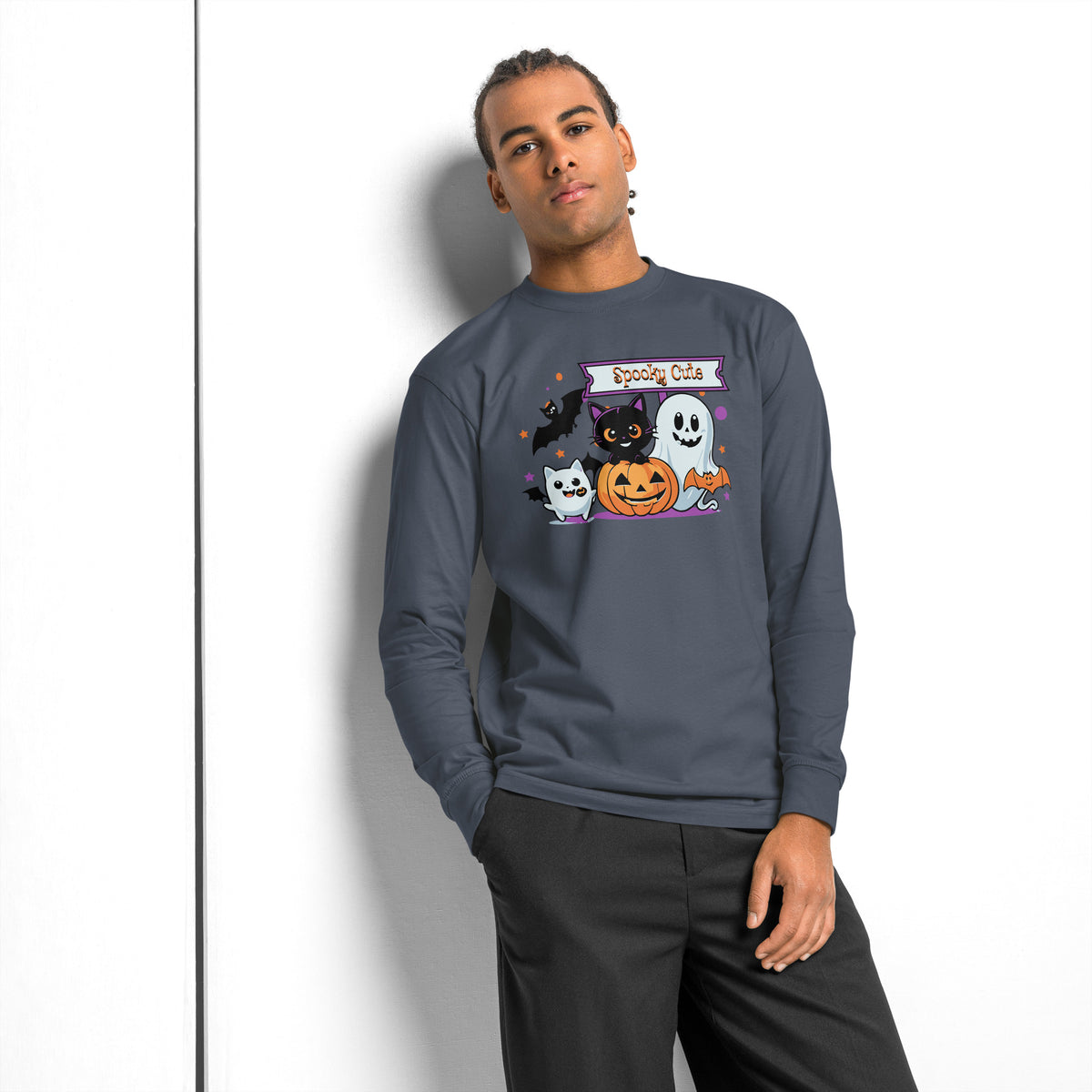 Spooky Cute Halloween heavyweight long sleeve t-shirt — Harbor Blue — front