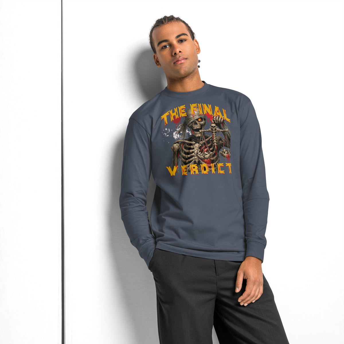 The Final Verdict heavyweight long sleeve t-shirt — Harbor Blue — front