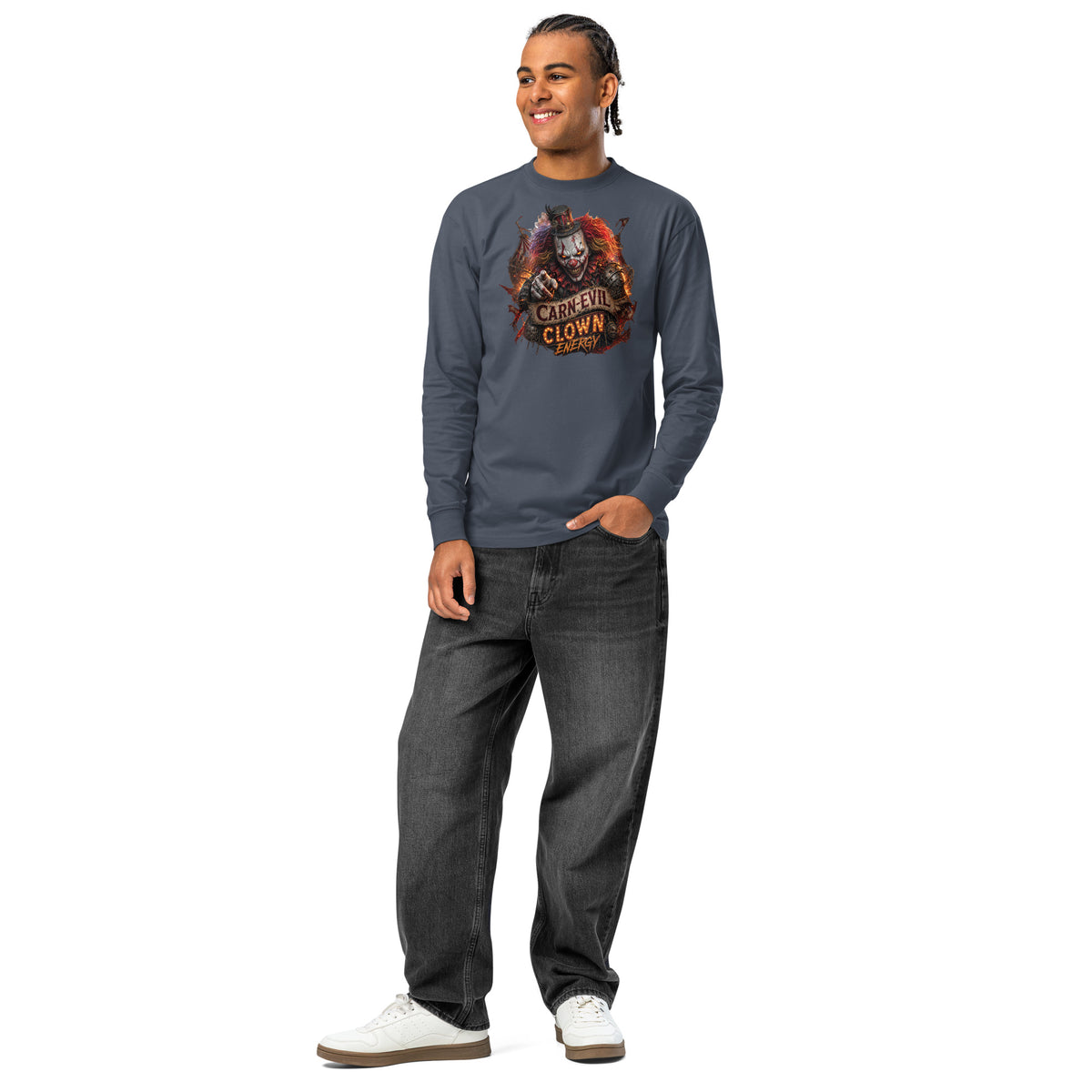Top Hat Evil Clown heavyweight long sleeve t-shirt — Harbor Blue — front