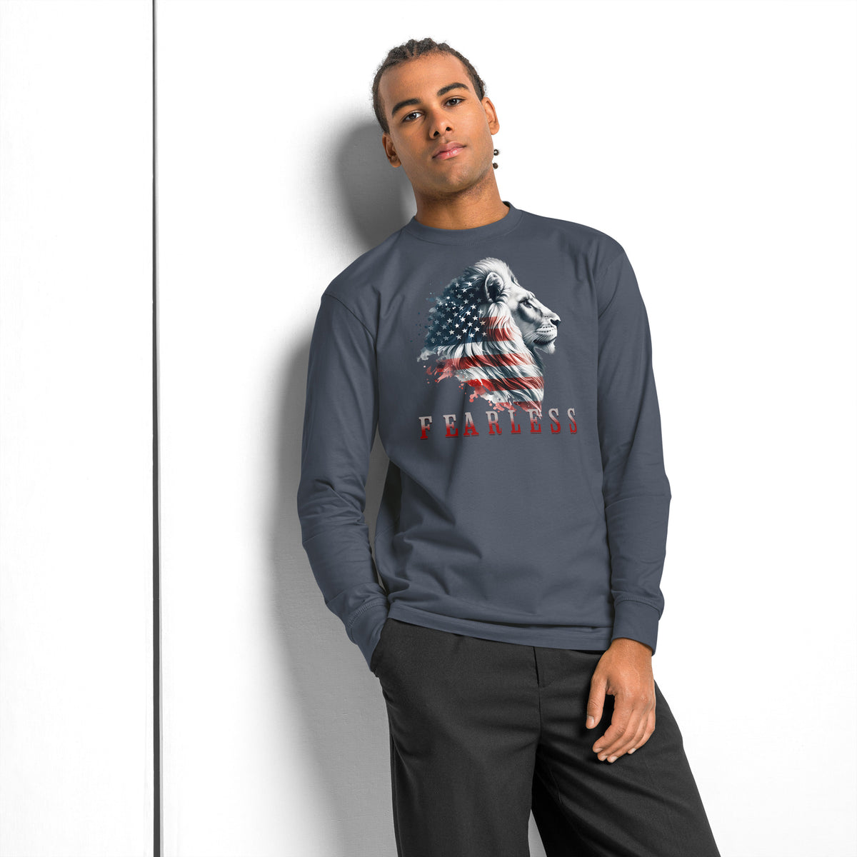 USA Lion Fearless heavyweight long sleeve t-shirt — Harbor Blue — front