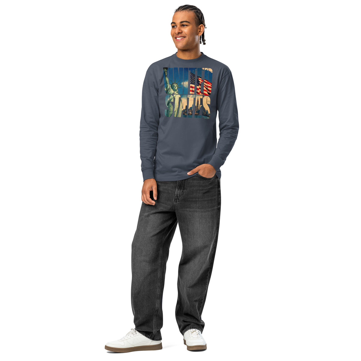 United States heavyweight long sleeve t-shirt — Harbor Blue — front