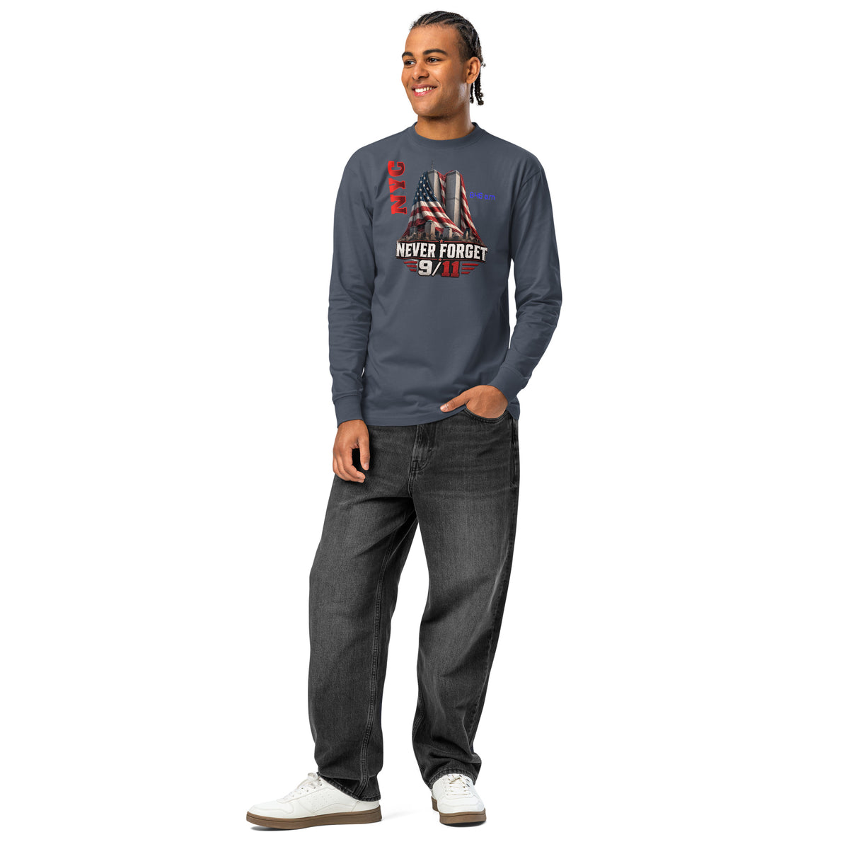 WTC 9/11 heavyweight long sleeve t-shirt — Harbor Blue — front