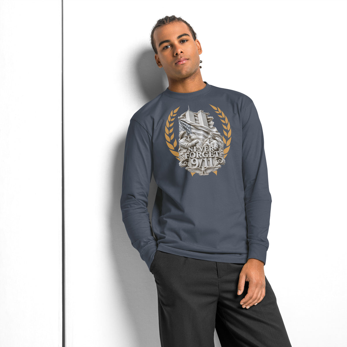 WTC NYC — Never Forget heavyweight long sleeve t-shirt — Harbor Blue — front
