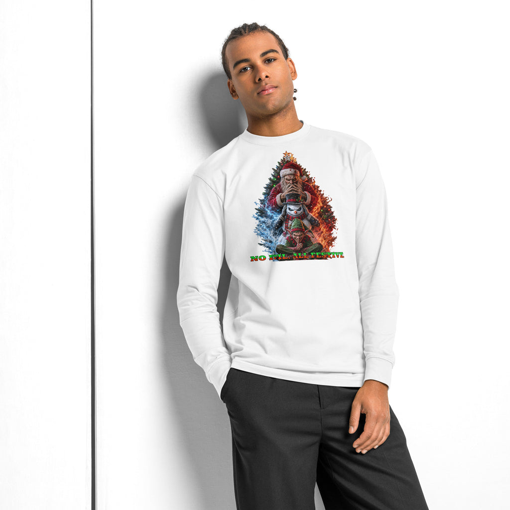 No Evil Xmas heavyweight long sleeve t-shirt — White — Men's Lifestyle model, front