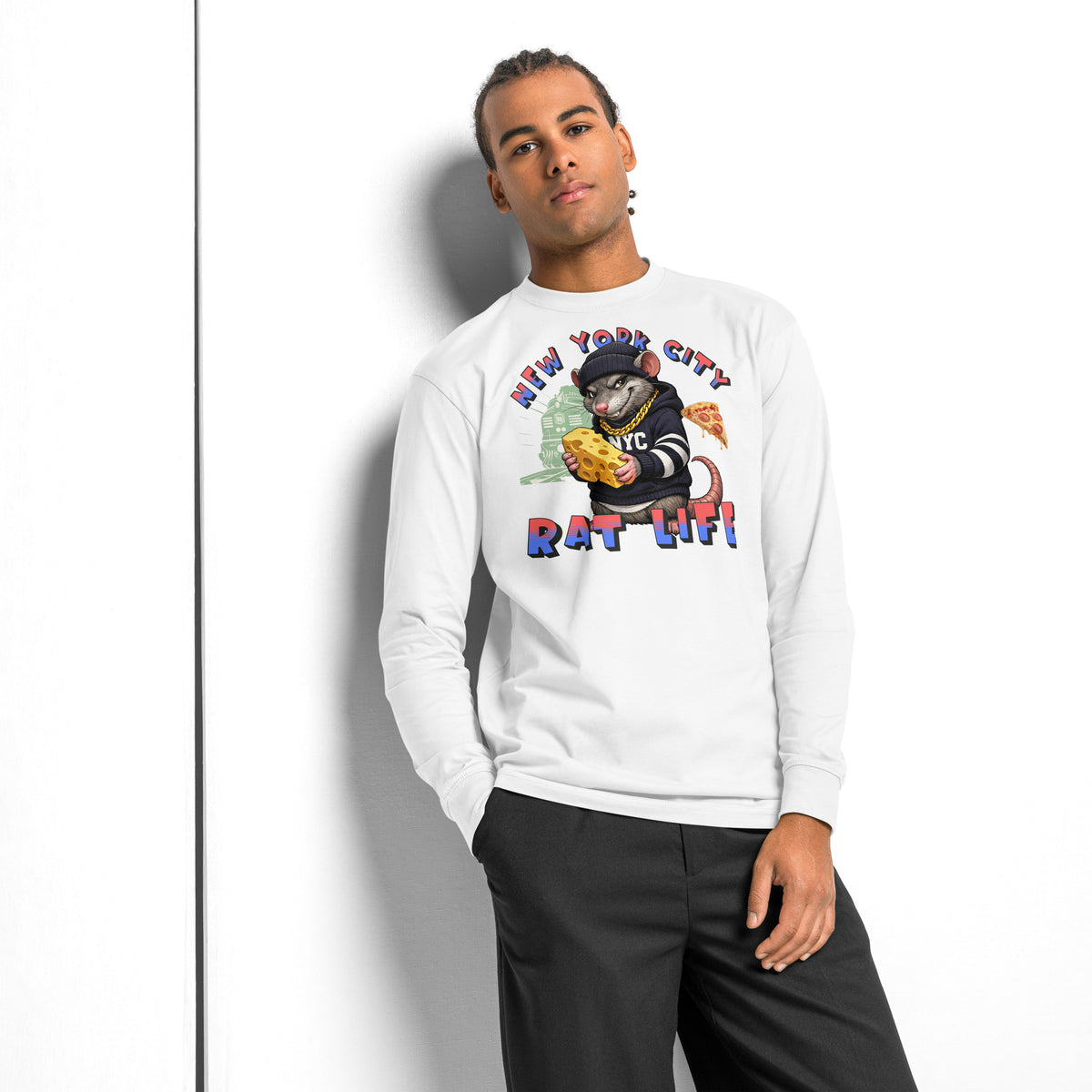 NYC Rat Life heavyweight long sleeve t-shirt — White — Men's Lifestyle model, front