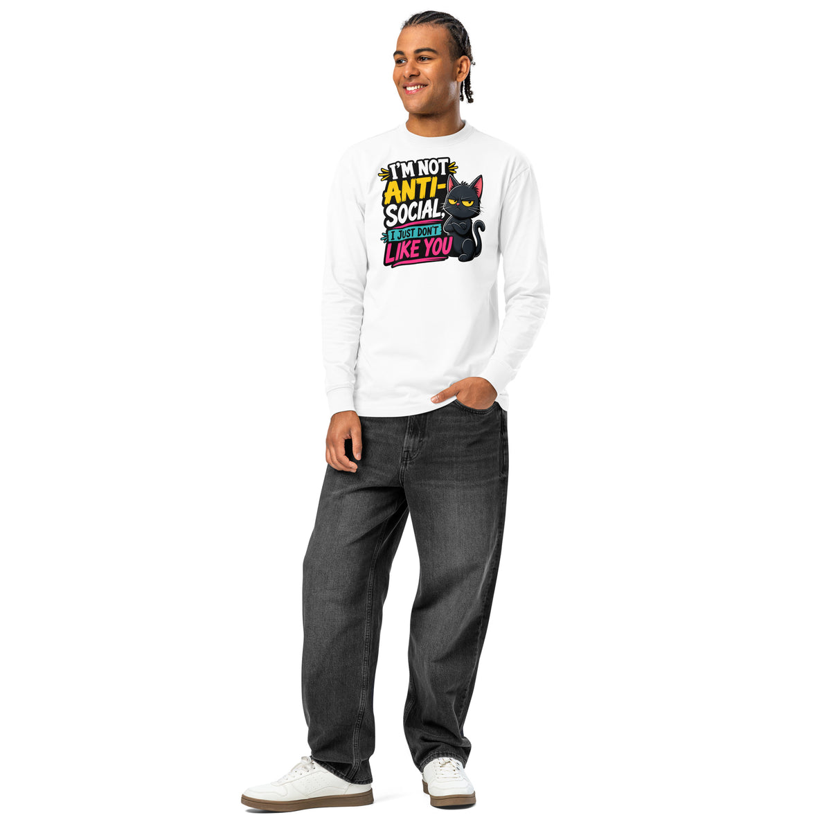 Anti Social Kitty heavyweight long sleeve t-shirt — White — front