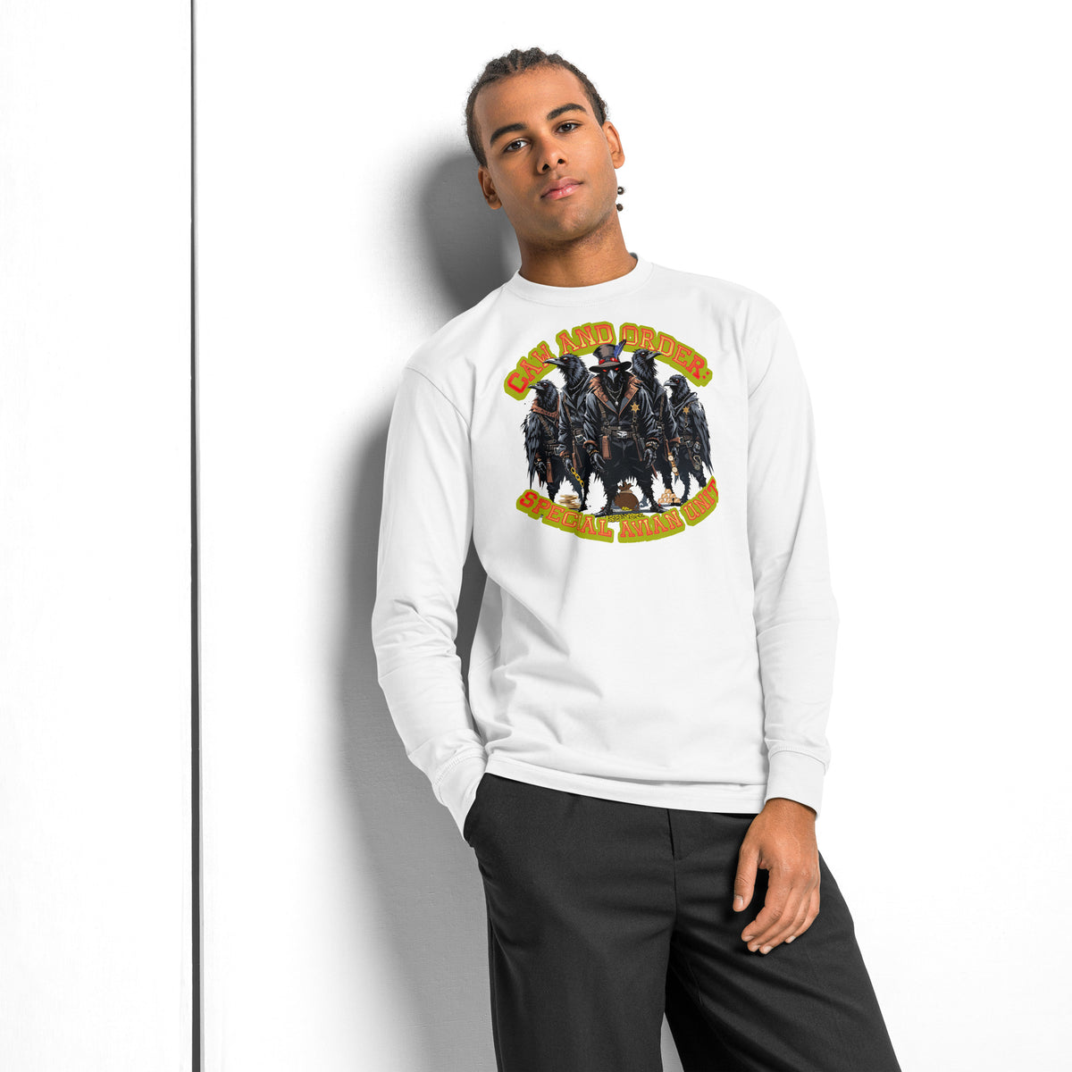 Caw and Order Special Avian Unit heavyweight long sleeve t-shirt — White — front