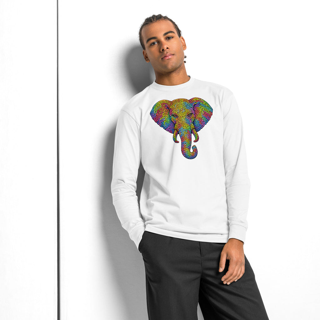Elephant Face Maze heavyweight long sleeve t-shirt — White — front