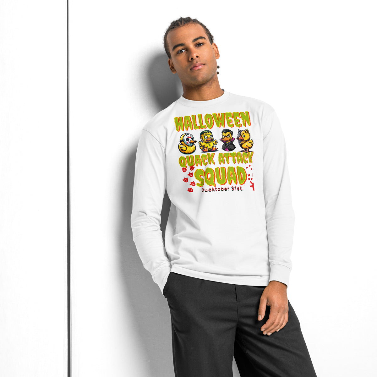 Halloween Quack Attack heavyweight long sleeve t-shirt — White — front