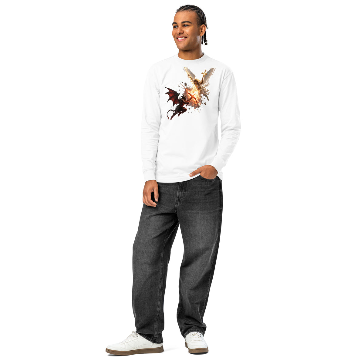 Heaven and Hell heavyweight long sleeve t-shirt — White — front