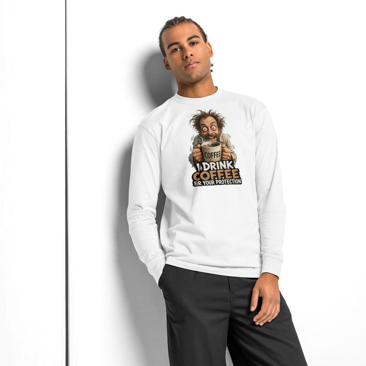 I Drink Coffee heavyweight long sleeve t-shirt — White — front