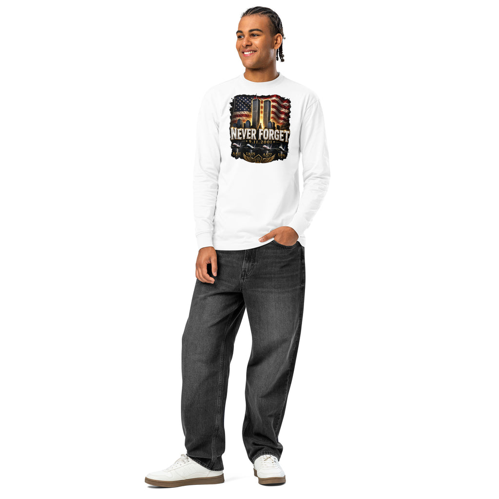 Never Forget 9/11 — Twin Towers heavyweight long sleeve t-shirt — White — front