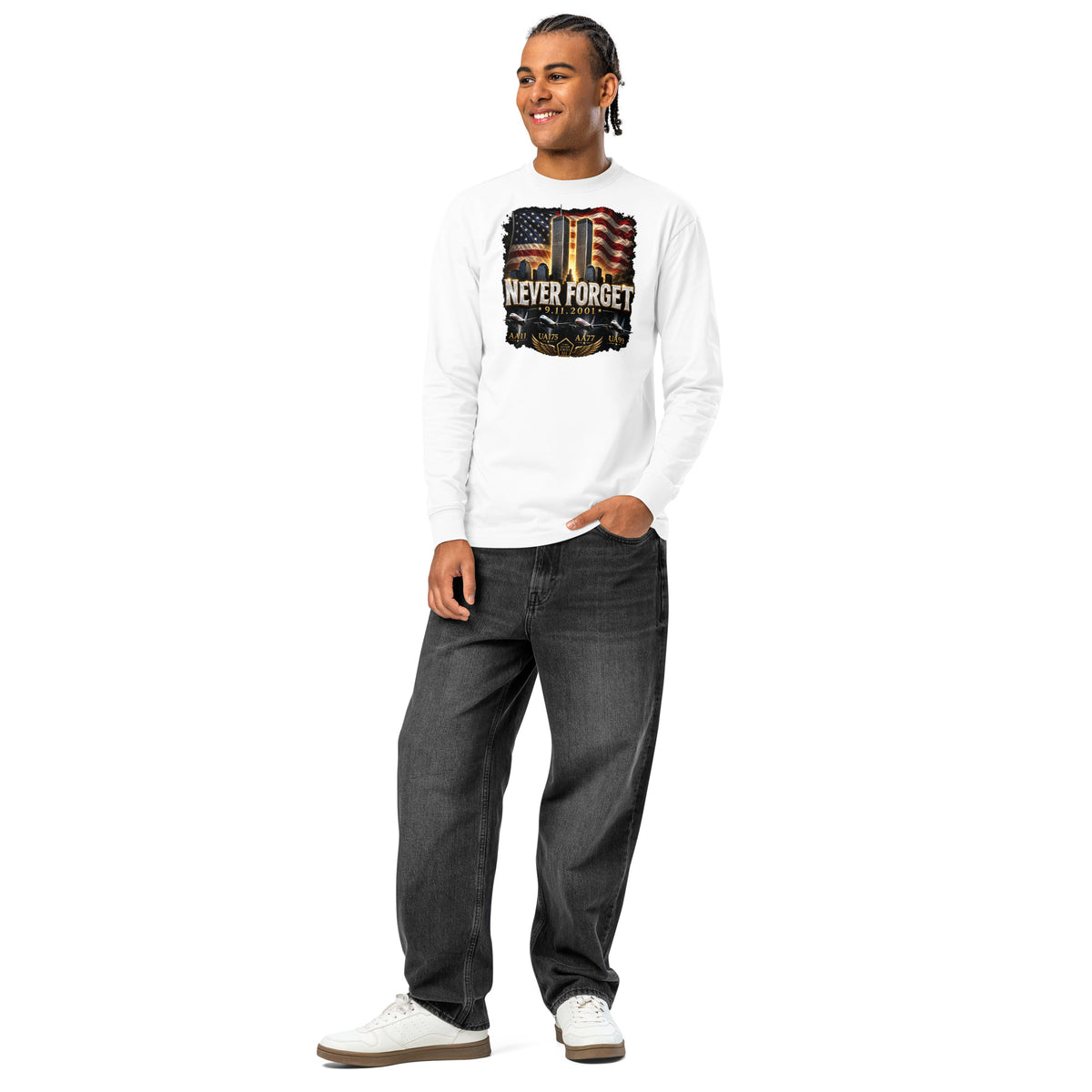 Never Forget 9/11 — Twin Towers heavyweight long sleeve t-shirt — White — front