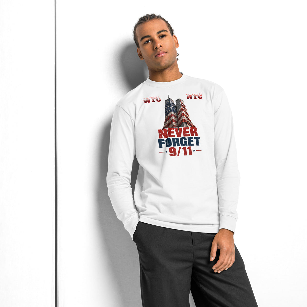 Never Forget 9/11 — WTC NYC heavyweight long sleeve t-shirt — White — front