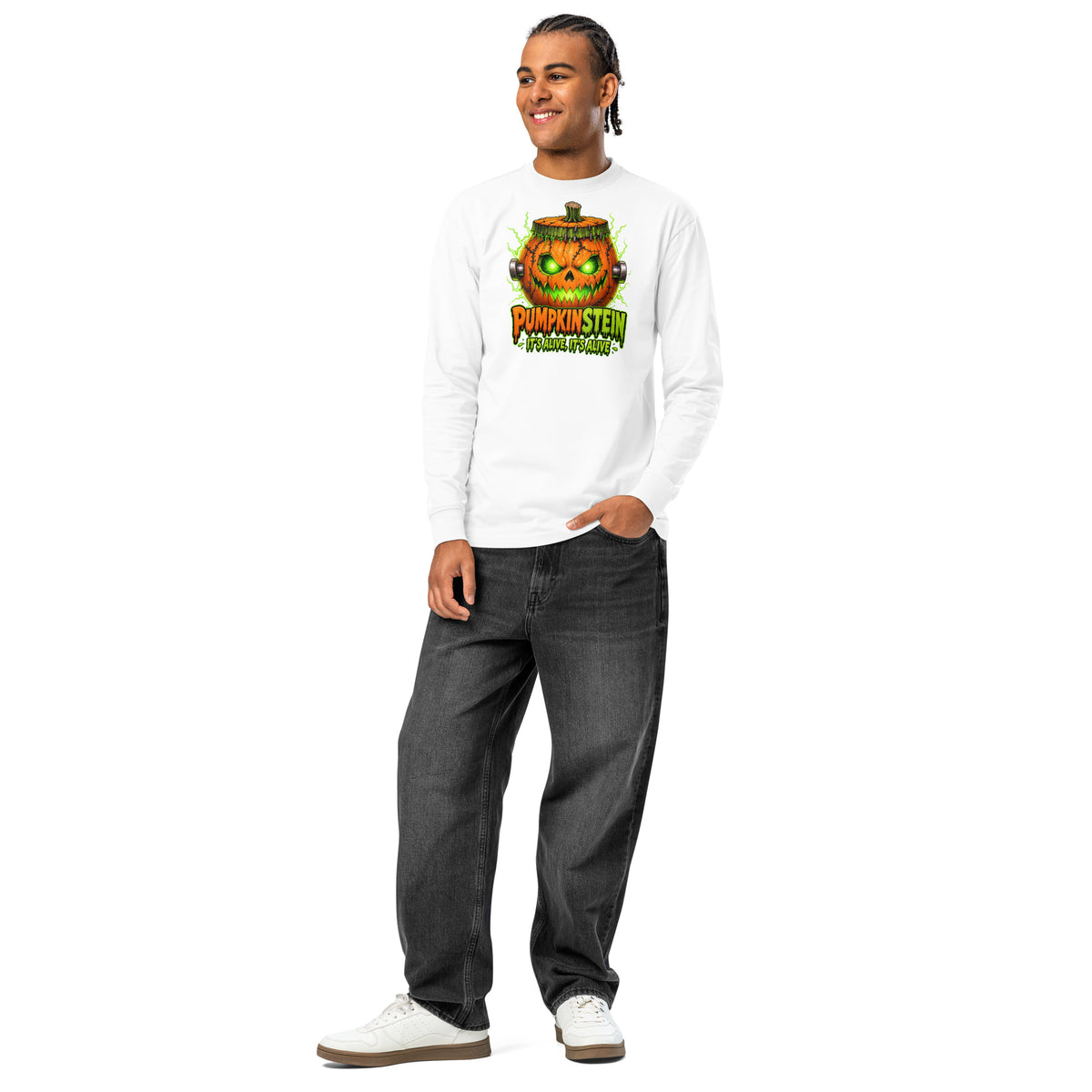 Pumpkinstein heavyweight long sleeve t-shirt — White — front