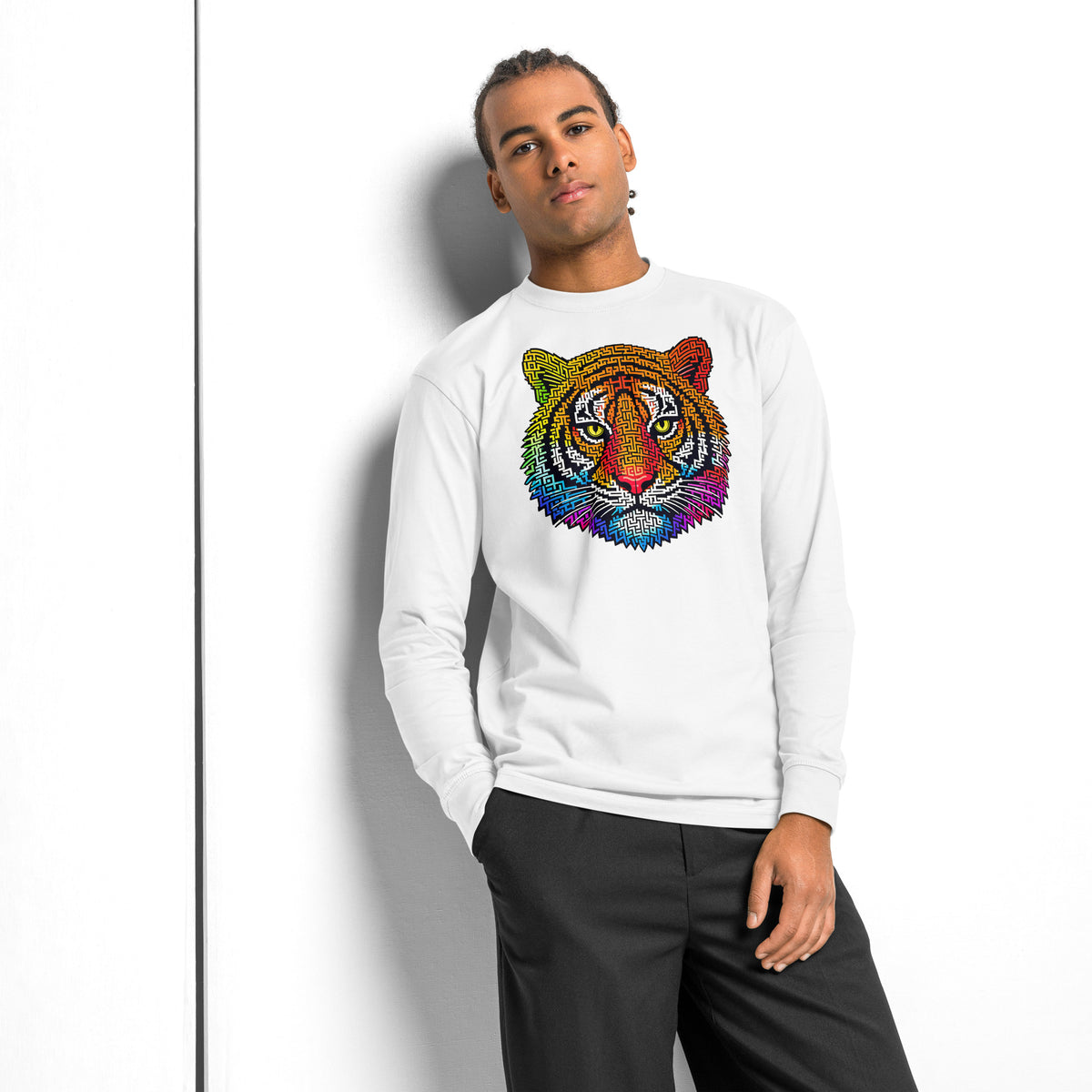 Rainbow Tiger Face Maze heavyweight long sleeve t-shirt — White — front