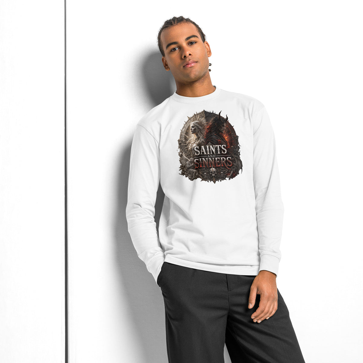 Saints and Sinners — Angel and Demon heavyweight long sleeve t-shirt — White — front