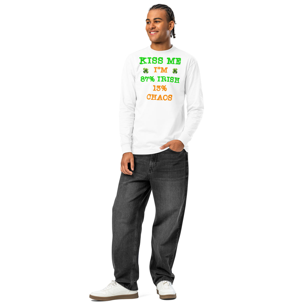 Kiss Me — Irish Chaos heavyweight long sleeve t-shirt — White — front
