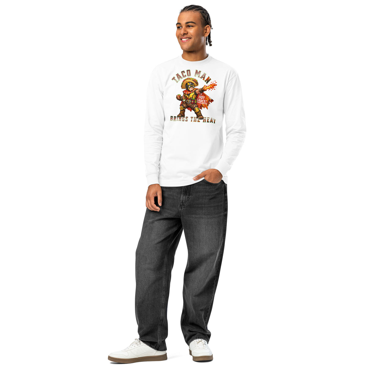 Taco Man heavyweight long sleeve t-shirt — White — front