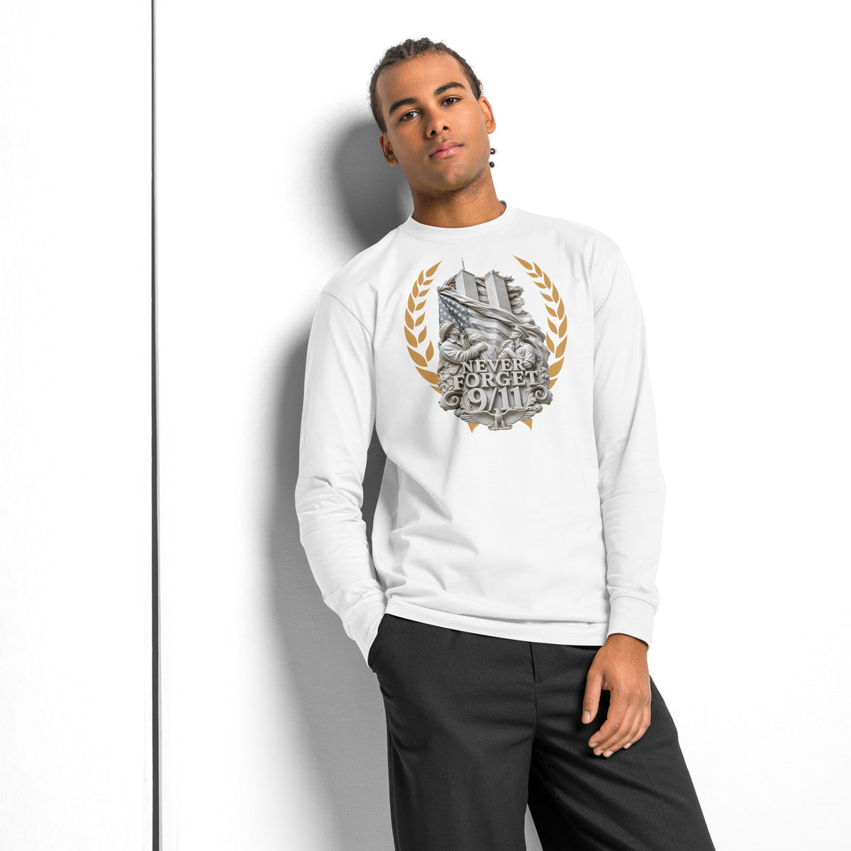WTC NYC — Never Forget heavyweight long sleeve t-shirt — White — front