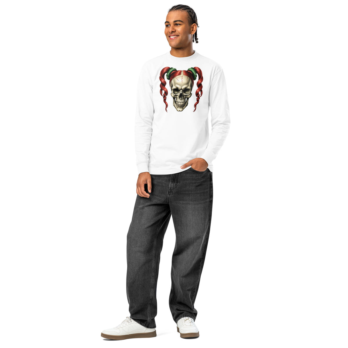 Ponytails Skull heavyweight long sleeve t-shirt — White — front